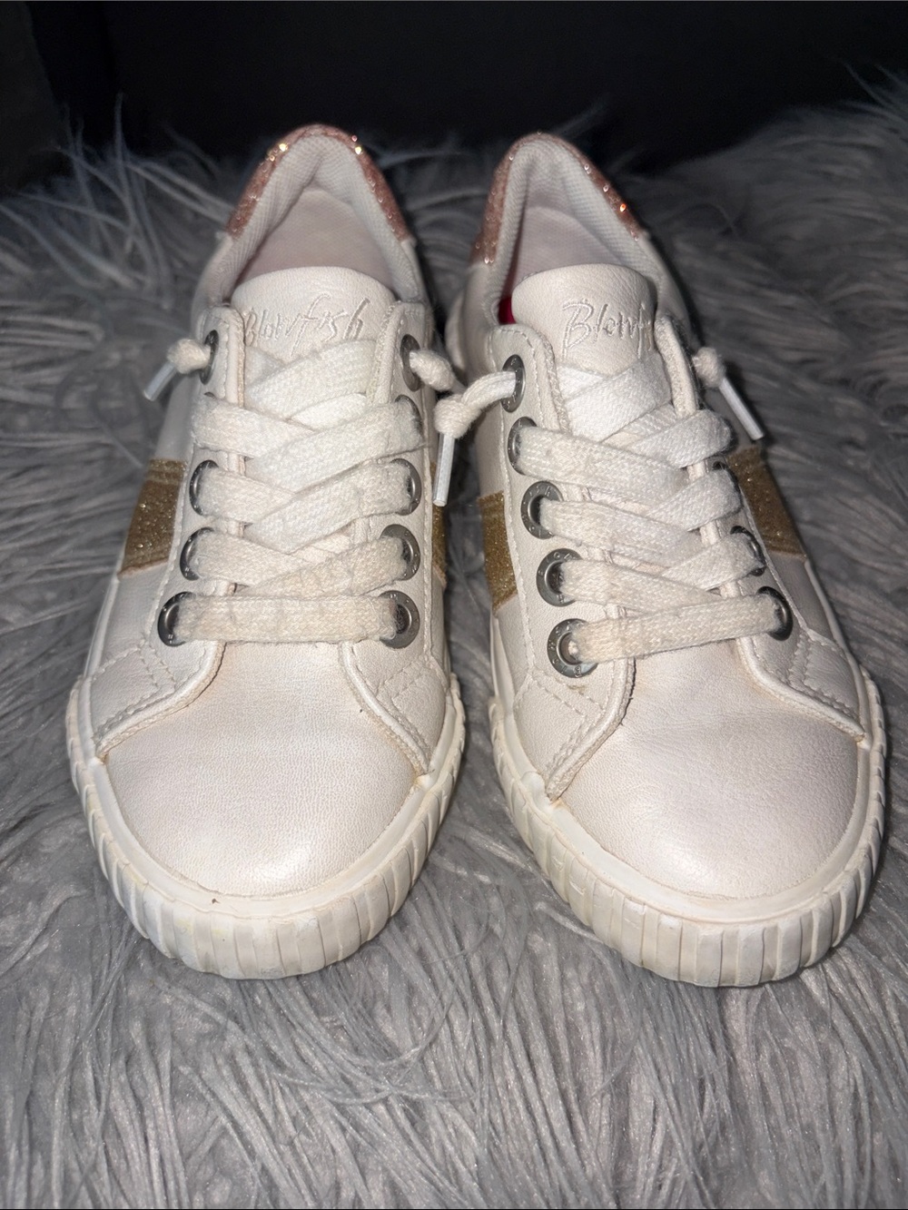 Blowfish Cream Sneakers with Gold Glitter and Pink Heel